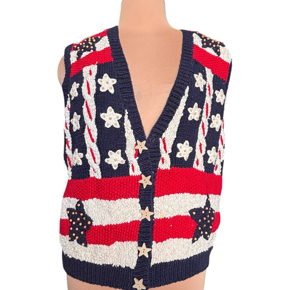 Vintage Belle Pointe Americana Knit Sweater Vest Stars Stripes Medium Patriotic